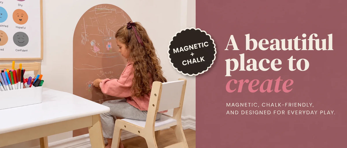 A beautiful place to create: magnetic and chalk-friendly play wall in a real bedroom